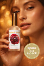 Close-up of a beauty bottle with a gold cap labeled Havets Guld and a red rose, held by a woman's hand with a circular 'spara med 2-pack' badge in the corner.